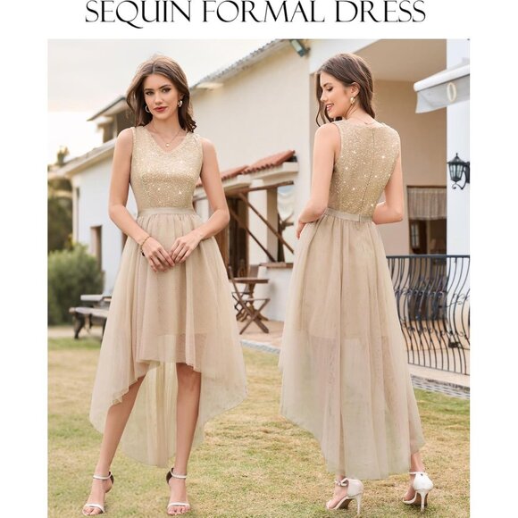 BeryLove Women Tulle Champagne Navy Chiffon Scoop Neck Sleeveless Cocktail Dress - Picture 2 of 7